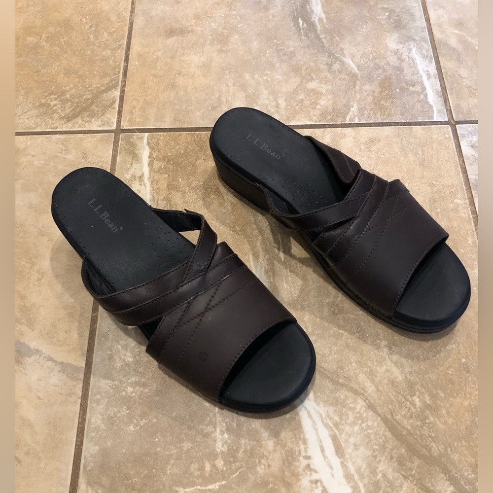 L L Bean Brown Leather Slip on Clog heel Sandal Womens Size 40/ US 9.5